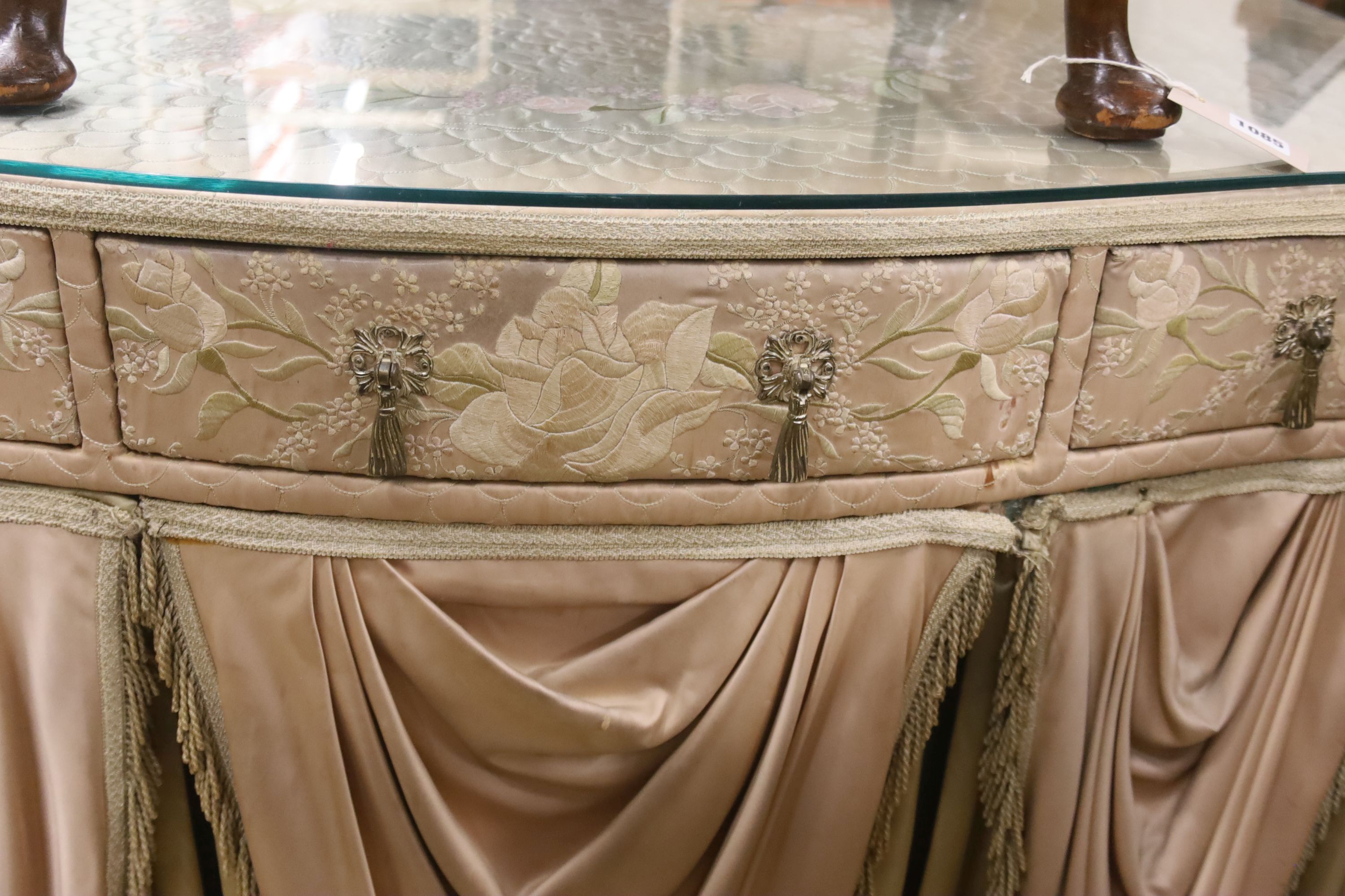 An embroidered silk mounted dressing table, width 110cm, depth 54cm, height 77cm, together with a stool